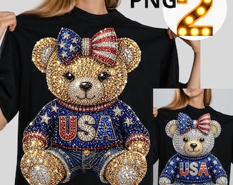 USA Rhinestone Teddy Bear PNG Bundle, Patriotic Bear Design, Glitter Bear png, 4th of July Shirt Design, Sublimation & DTF Download