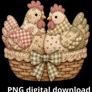 Puede incluir: Dos gallinas de tela con estampados florales y de cuadros se sientan en una cesta de mimbre con un lazo. Las gallinas tienen crestas y picos rosas. La cesta tiene un borde festoneado. La imagen incluye el texto "PNG digital download".