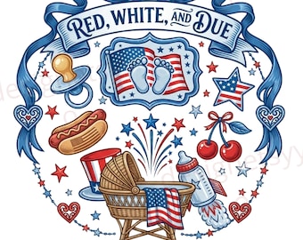 Red White and Due Png, 4th of July Pregnancy Reveal Png, Patriotic Pregnancy Announcement Png, Expecting Mom Gift Png