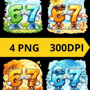 May include: A digital graphic showing the numbers 6 and 7 as cartoon characters in four seasonal scenes. The panels include spring, summer, autumn, and winter settings. The text "4 PNG 300DPI" is displayed on a yellow banner across the image.