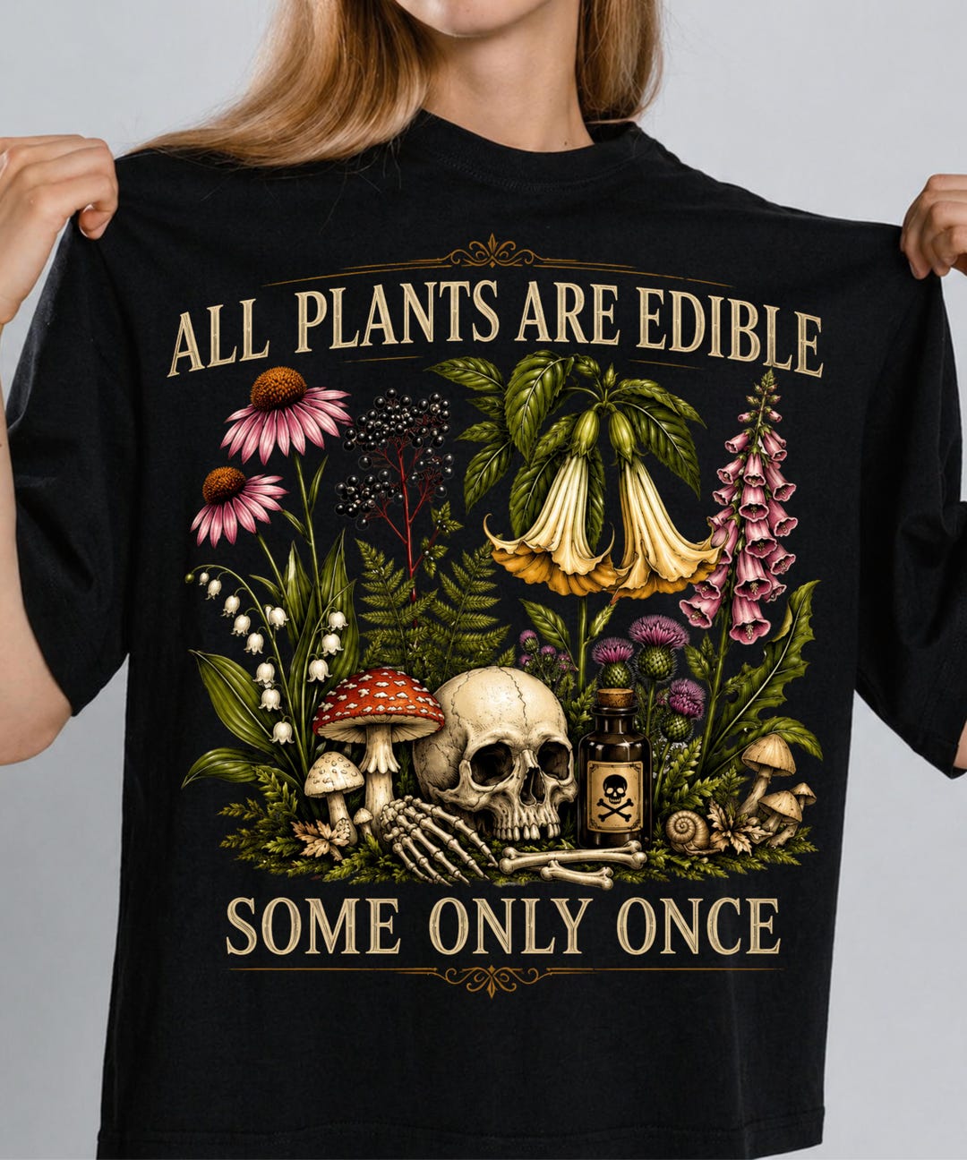 All Plants Are Edible PNG, Gothic Botanical Skull Design, Vintage Poison Garden Sublimatio