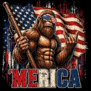 Può includere: Illustrazione grafica di una creatura simile a Bigfoot con occhiali da sole con il design della bandiera americana, che tiene una bandiera e fa un gesto rock and roll. La parola "'MERICA" è visualizzata in rosso, bianco e blu. Lo sfondo è una bandiera americana usurata.
