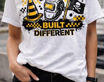 Built Different Shirt PNG, Construction Worker Design, Blue Collar Graphic, Welding Helmet Traffic Cone Skull Flag, Workwear Design, PNG 300