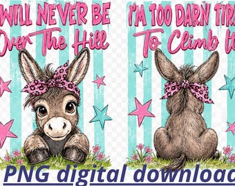 Grappige ezel over de heuvel png-bundel | Shirtontwerp voor- en achterkant | Transparant png-bestand | Schattige ezelsublimatie | Verjaardag Grafisch Digitaal Dossier
