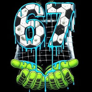 May include: A graphic illustration featuring the numbers 67, designed to resemble soccer balls with a dripping blue liquid effect. The numbers are above a pair of neon green goalkeeper gloves, set against a black background.
