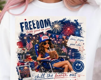 Chill the Fourth Out PNG, Funny 4th of July Doll PNG, Funny Patriotic Doll with Iced Coffee, Independence Day, American Retro Style, Summer