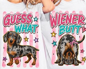 Guess What Wiener Butt PNG, Preppy Funny Dachshund PNG, Sarcastic Dog Mom Graphic, Trending Stripes Png, Boutique Png, Matching Shirt Png