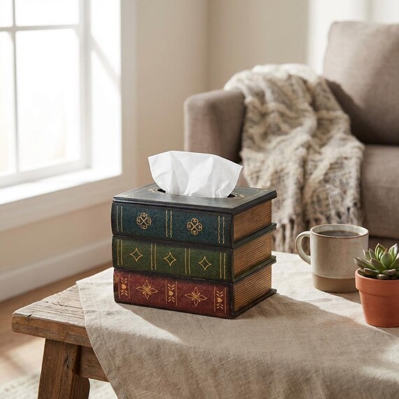 Antique Book Wood Tissue Box Cover, Hand Painted Retro Napkin Holder for Home & Office
