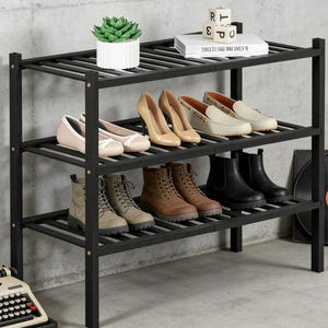 May include: A black three-tiered shoe rack displaying various footwear. The top shelf holds a succulent in a white pot, books, and decorative blocks. The middle shelf features heels and loafers. The bottom shelf displays boots.
