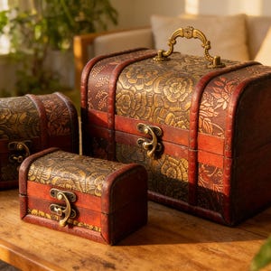 May include: Three decorative wooden treasure chests in varying sizes. The chests are reddish-brown with ornate gold floral designs and metal clasps. A handle is on the largest chest. They sit on a wooden table, with a couch and plants in the background.
