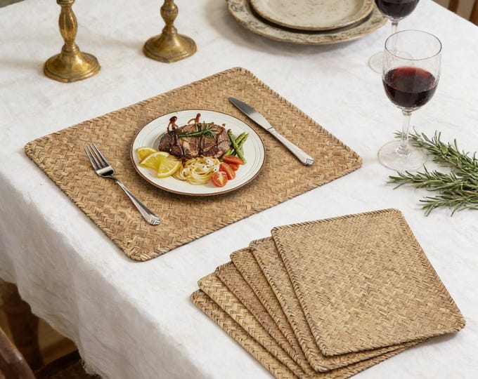 Set of 6 Natural Seagrass Placemats - Woven Rattan Rectangular Table ...
