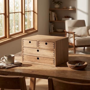 May include: A wooden desktop organizer with four drawers, each with a small, round black knob. The organizer is made of light-colored wood and sits on a rustic wooden table. A small ceramic mug and a wooden bowl are also on the table.