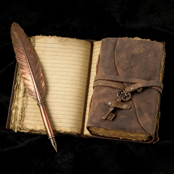 Antique Leather Journal with Key - Handmade Deckle Edge Lined Pages, Vintage Writing & Sketchbook