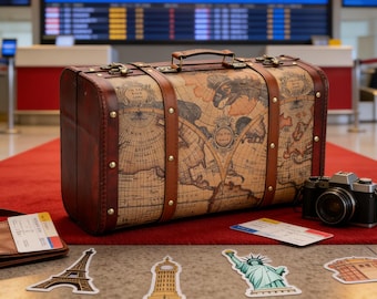 Vintage Wooden Storage Chest - Decorative Map Suitcase with Faux Leather