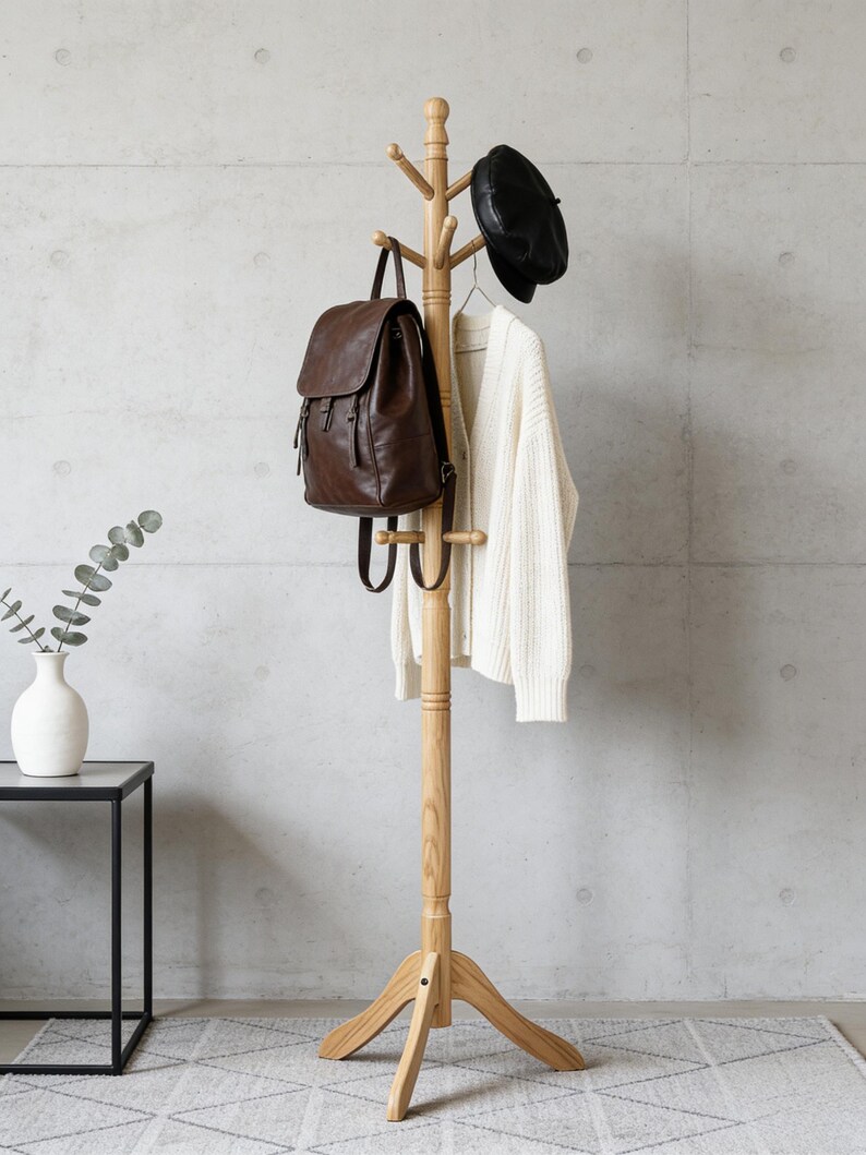 Free-Standing Solid Wood Coat Tree – Hall Stand for Entryway & Hallway