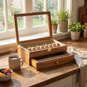May include: Wooden cutlery storage box with a glass lid, showcasing a collection of gold-colored forks and spoons. The box has a drawer below. A cup of coffee and a bowl of fruit sit nearby on a wooden surface, with plants in the background.