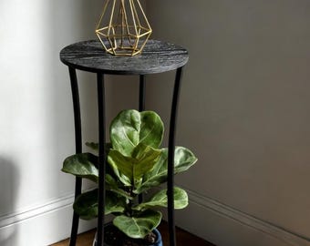 2-Tier Round Plant Stand, Iron & Wood Plant Shelf, Indoor Corner Display Rack, Space Saving Pot Holder
