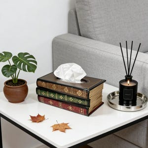 May include: A decorative tissue box designed to look like stacked antique books, with a brown, green, and burgundy color scheme. A small potted plant, a candle, and fall leaves are also on the white table.