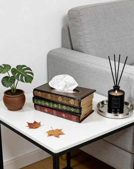 Classical Retro Wooden Tissue Box Cover - Hand Painted Antique Book Stack Design, Rectangular Tissue Holder