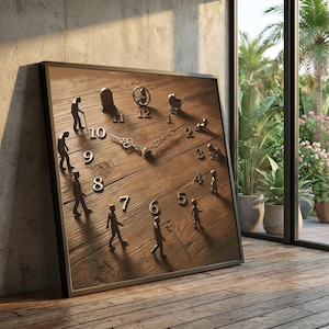 Peut inclure: Une horloge murale encadrée avec un cadran en bois et un cadre noir. L'horloge présente un design unique avec des figurines représentant les étapes de la vie, de l'enfance à la vieillesse, remplaçant les chiffres. Les aiguilles de l'horloge sont argentées.
