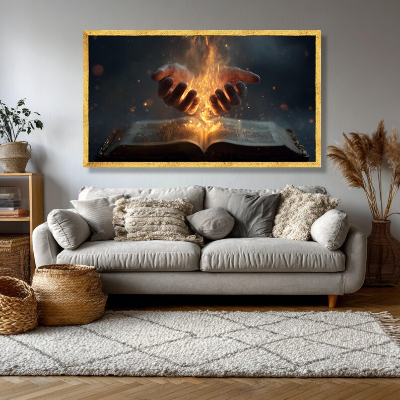 Impresión en lienzo de Manos Ardientes, Libro Místico, Arte Mural de Fantasía imagen 2