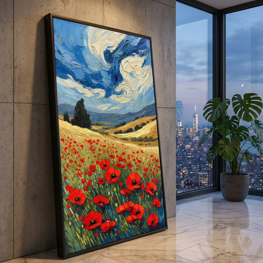Red Poppy Field Impasto Canvas, Blue Sky Landscape Painting - Etsy