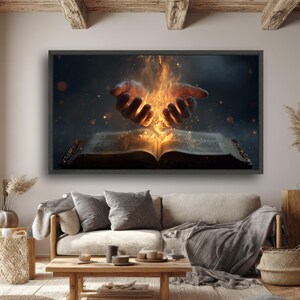 Impresión en lienzo de Manos Ardientes, Libro Místico, Arte Mural de Fantasía imagen 3