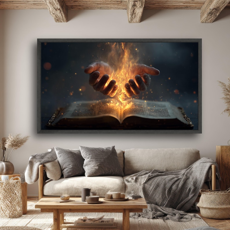 Impresión en lienzo de Manos Ardientes, Libro Místico, Arte Mural de Fantasía imagen 3
