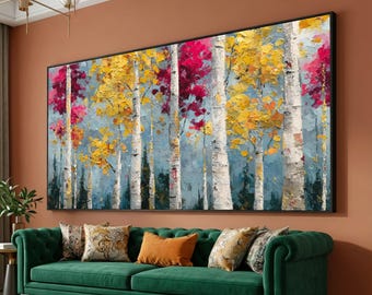 Canvas Print Impasto Birch Tree, muurkunst herfstbos, klaar om op te hangen