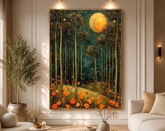 Puede incluir: Una impresión de arte mural rectangular que muestra una escena de bosque oscuro con árboles altos y delgados y una gran luna creciente dorada brillante en el cielo nocturno. El primer plano está lleno de flores naranjas sobre un paisaje.