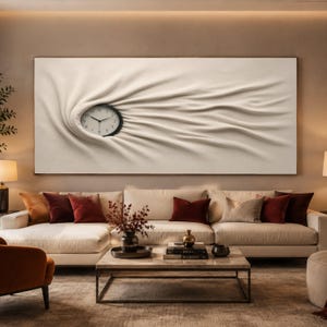 May include: A large rectangular wall art piece featuring a cream-coloured fabric-like texture with deep, flowing folds that radiate from a circular black analogue clock embedded on the left side, displaying black numerals and hands on a white face.