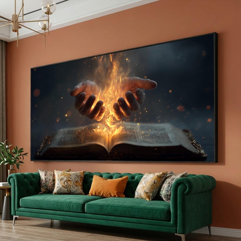 Impresión en lienzo de Manos Ardientes, Libro Místico, Arte Mural de Fantasía imagen 1