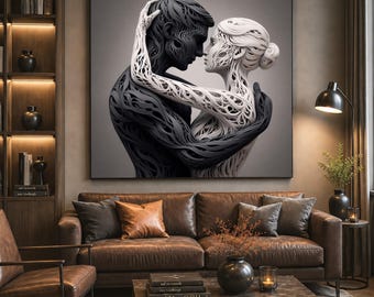 Abstract paar canvasprint kunst, zwart-wit omhelzing, romantisch woondecoratie