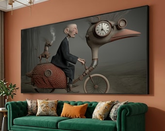 Impresión en lienzo de bicicleta de pájaro steampunk, arte mural surrealista y caprichoso