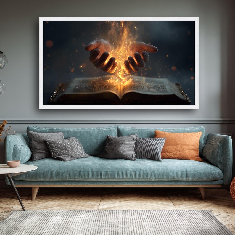 Impresión en lienzo de Manos Ardientes, Libro Místico, Arte Mural de Fantasía imagen 5