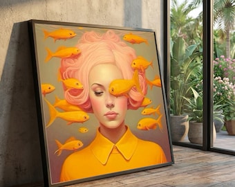 Impresión en lienzo de una mujer surrealista con un pez dorado, arte de retrato contemporáneo