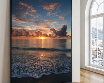 Lienzo con amanecer tranquilo en el océano, arte mural con paisaje marino costero