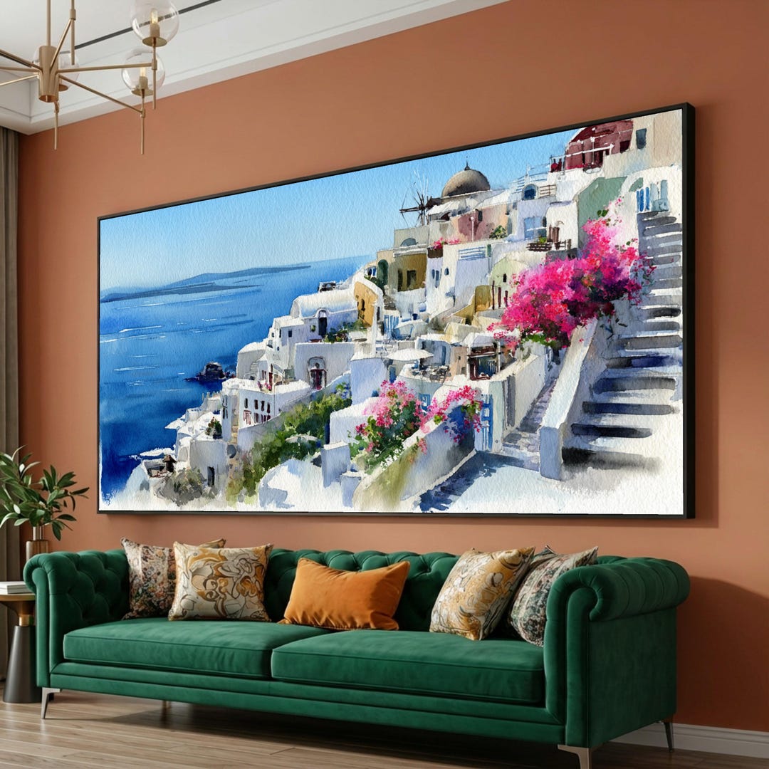 Santorini Greece Coastal Village Canvas, Mediterranean Sea View Wall ...