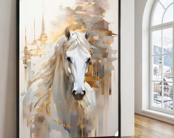Lienzo abstracto con estampado de caballo blanco, estilo ecuestre (no pintado a mano).