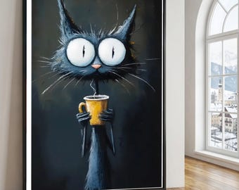 Stampa su tela con gatto nero e caffè, divertente stampa felina