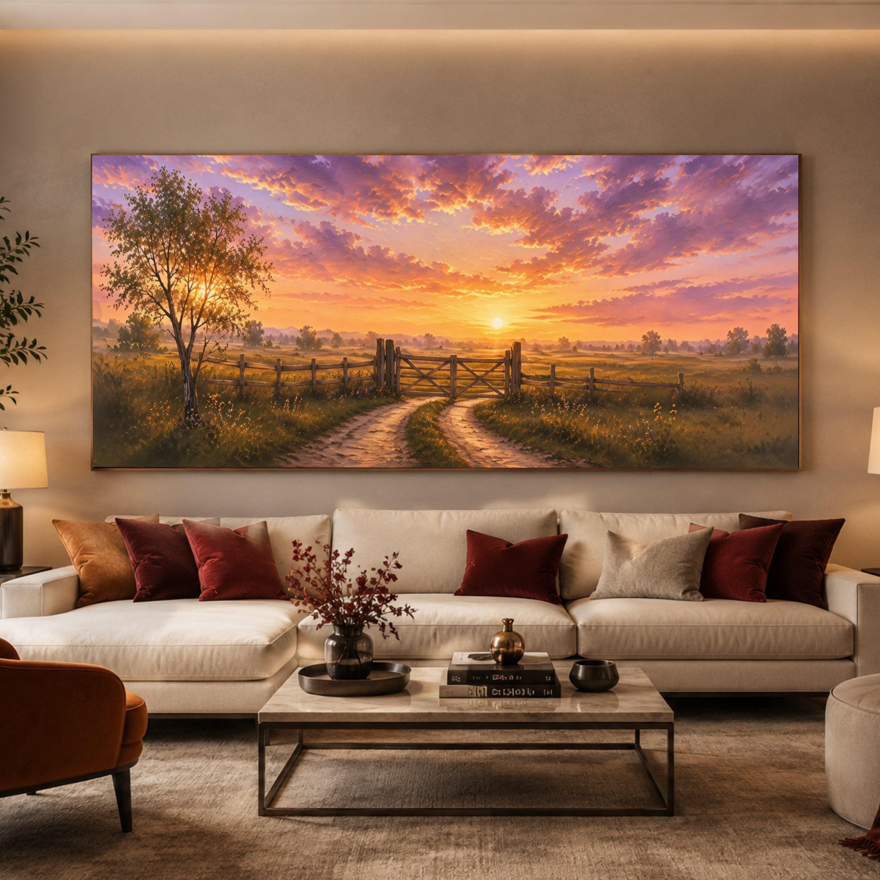 Country Sunset Canvas Print, Rustic Landscape Wall Art, Farmhouse