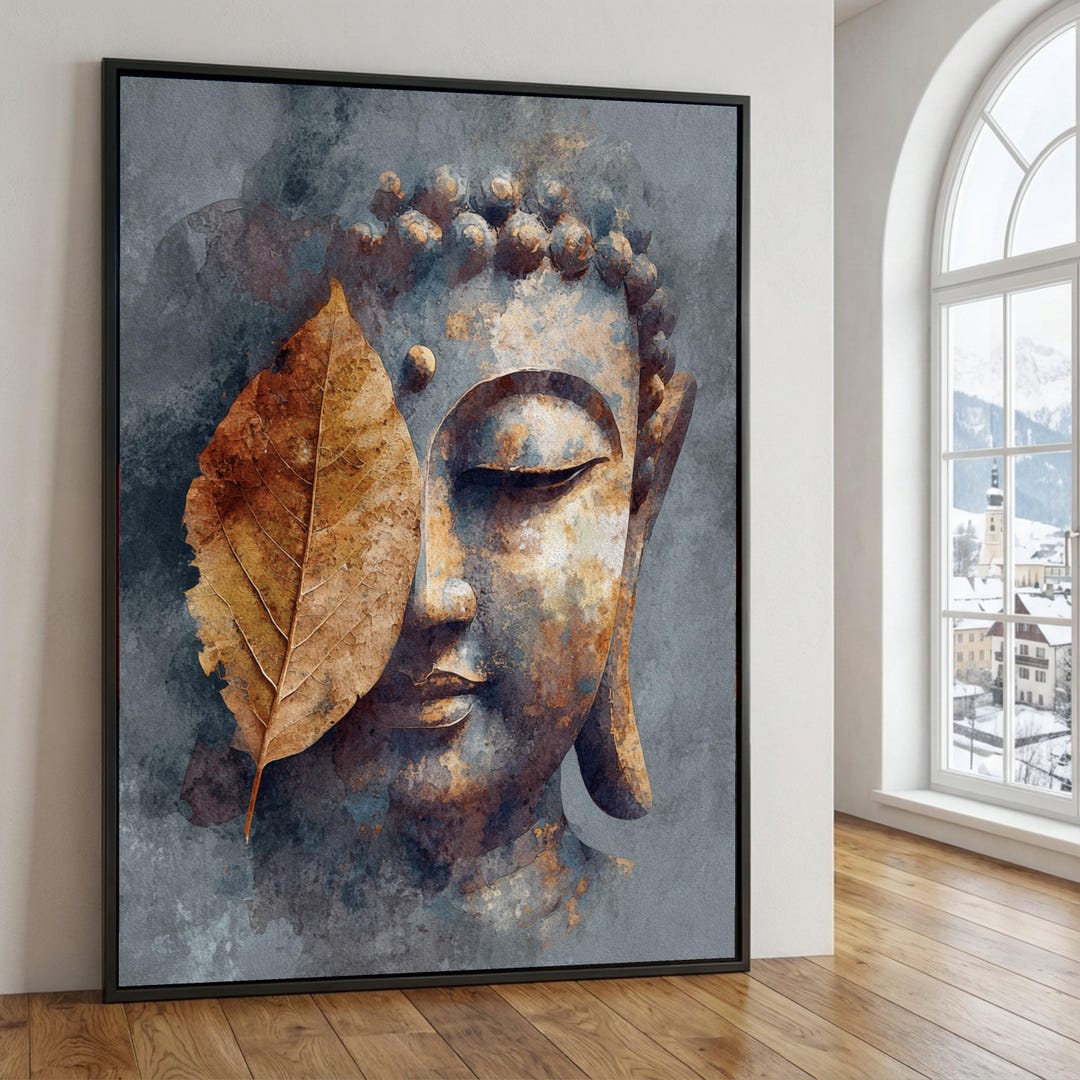 Tranquil Buddha Face Canvas, Leaf Overlay Spiritual Wall Art, Zen ...