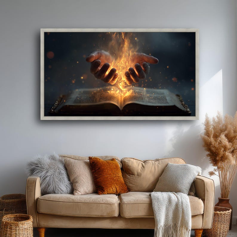 Impresión en lienzo de Manos Ardientes, Libro Místico, Arte Mural de Fantasía imagen 4