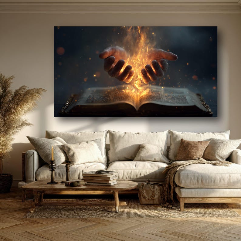 Impresión en lienzo de Manos Ardientes, Libro Místico, Arte Mural de Fantasía imagen 6