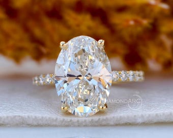 5,00 CT oval diamantring i labbodlad form, pavebandsring, förlovningsring i 14K guld, dolda haloringar med hög infattning, katedralring, vigselring