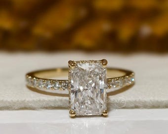 2,00 CT Radiant Cut Lab Grown Diamond Förlovningsring 14K Guld Hidden Halo Pave Band Vigselring för henne