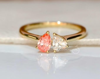 Förlovningsring med orangerosa päron och hjärtformade diamanter i 14 karat massivt guld, ring med dubbel sten, Toi et Moi-ring, redo att skickas med certifikat