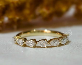 Lab Diamant Päronslipad East West Half Eternity Vigselring 14K Solid Gold Anniversary Ring 7 Stone Päronring Stapelbar Diamantring