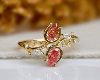 IGI-certifierad naturinspirerad förlovningsring med rosa päron och diamanter, Bypass-ring, vigselring med blad- och kronbladsdesign, redo att skickas