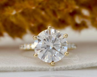 14K guld rund diamant förlovningsring sex stift paveband labodrodd diamantring solitärring för kvinnor enkel vigselring